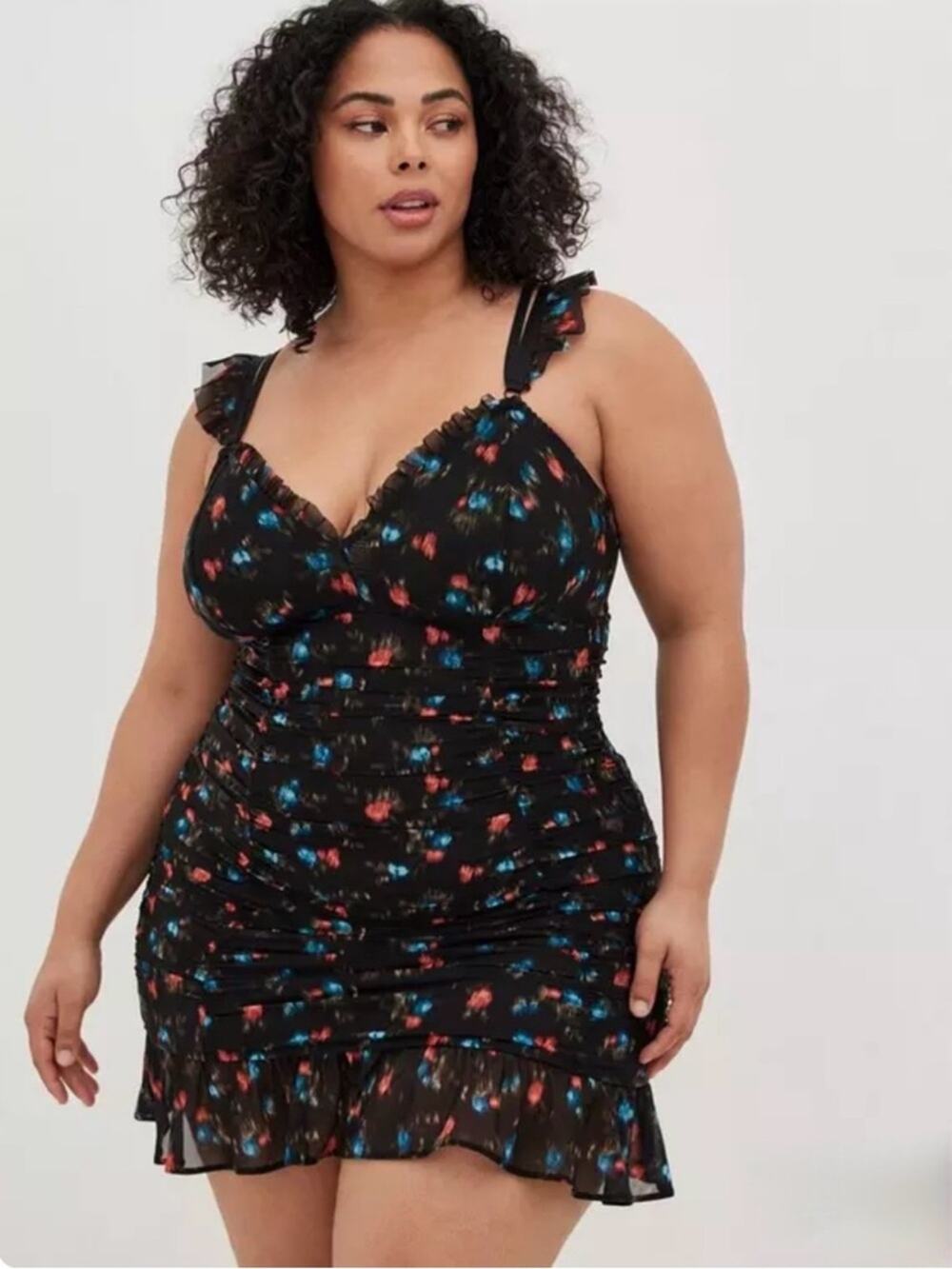 TORRID Black Floral Ruffle Ruched Chemise Plus Size 4 NWT